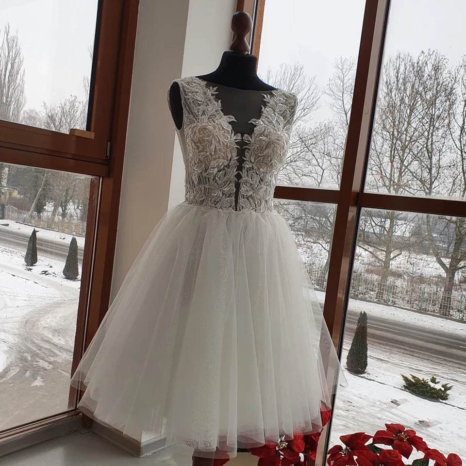 Short Wedding Dresses Glitter Lace Appliques Scoop Neck Knee Length White Ivory - Image 2 of 4