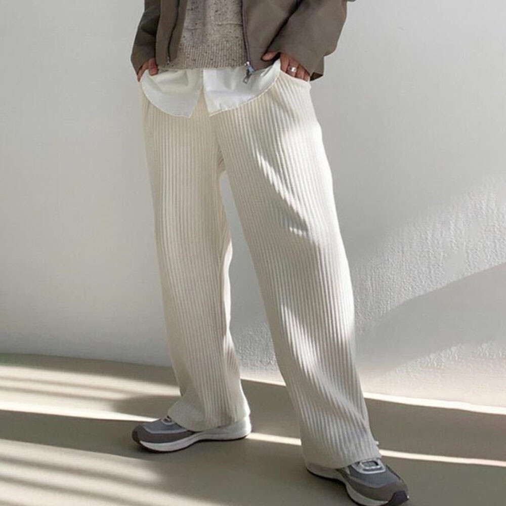 【THE MOZZ】White corduroy wide pants Mens Corduroy Cord Loose Casual White Long Trousers Smart