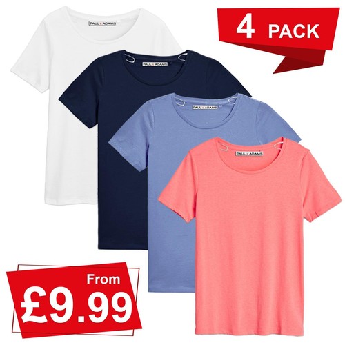 4 Pack Womens Ladies 100 Cotton Short Sleeve Round Neck Crew Neck TShirt S3XL eBay