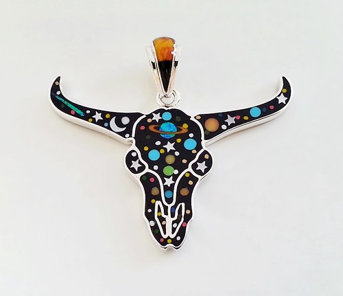 SUPERB CELESTIAL MULTICOLOR TURQUOISE SPINY INLAY .925 SILVER BUFFALO PENDANT - Picture 2 of 3
