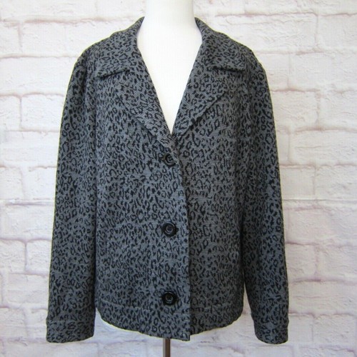 Chico's Gray & Black Leopard Animal Print Jacket Pockets Stretch Size 3 16/18 XL