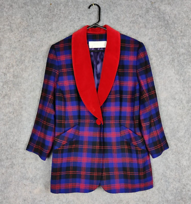 Vintage Catherine Walker Sakko Gr. UK 14 Schottenmuster Wolle Samt Revers Verräter