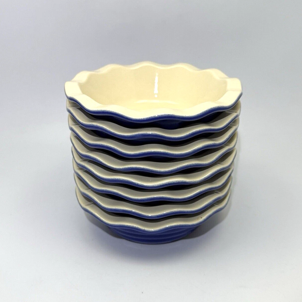 Emile Henry Mini Le Potier Blue Individual Pie Dish France Ribbed 5 1/2 8Pc Set
