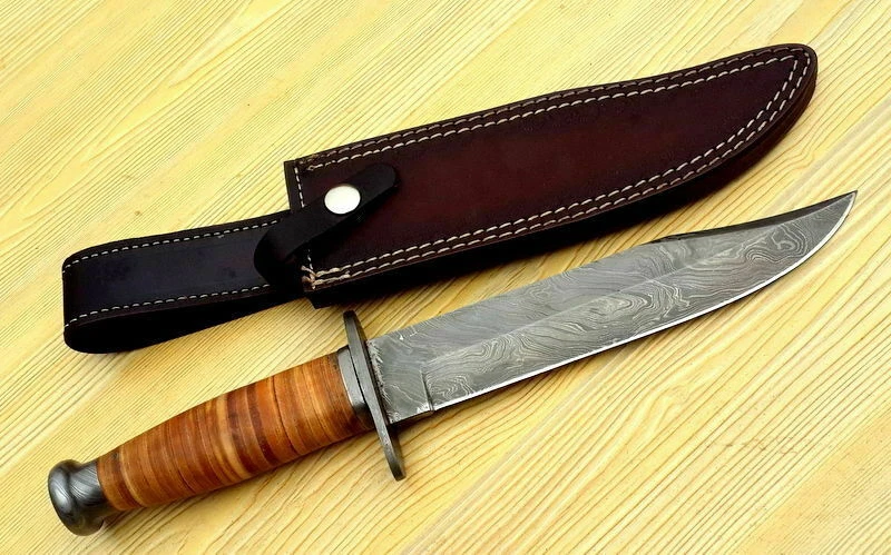 DAMASCUS STEEL FULL TANG HUNTING BOWIE KNIFE, CUSTOM HANDMADE BOWIE KNIFE