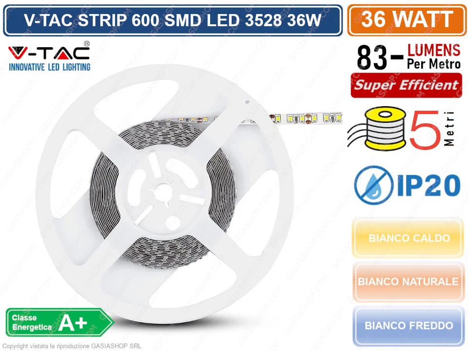 V-TAC STRIP STRISCIA LED MONOCOLORE 5 METRI SMD 3528 120 LED MT IP20 36W 3000 LM - Immagine 3 di 3