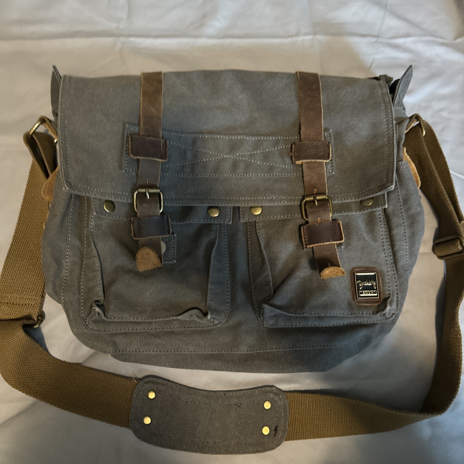 Berchirly Vintage Military Gray Canvas W/ Brown Leather Messenger
