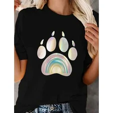 100% Cotton Rainbow Dog Paw Print T-Shirt - Black Base, Colorful Design