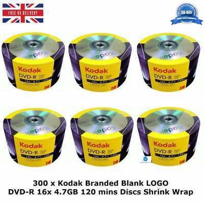 300 x Kodak Markenrohling LOGO DVD-R 16x Speed 4,7GB 120min Discs in Schrumpffolie