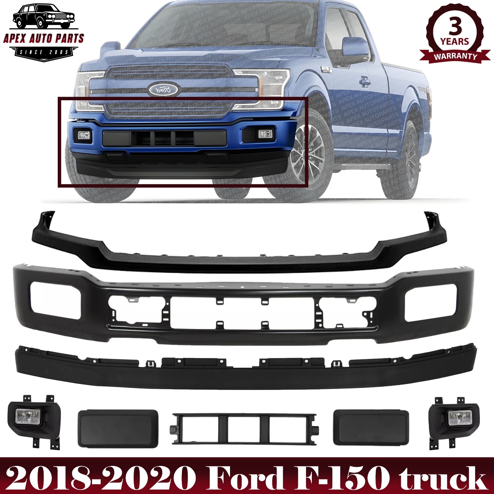 Front Bumper Paintable & Fog Light Assembly Kit For 2018-2020 Ford F-150 Truck