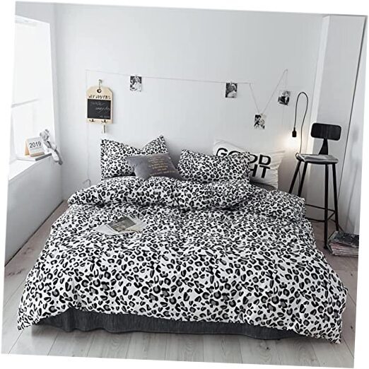 Leopard Duvet Cover Set Queen 100% Cotton Black Grey Cheetah Print on White