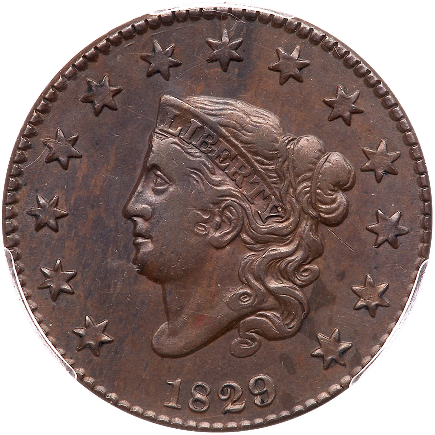 1829 N-7 R-3 PCGS AU 58 CAC Lg Letters Matron or Coronet Head Large Cent Coin 1c