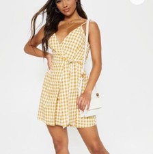 Pretty Little Thing Mustard Check Print Wrap Strappy Shift Dress