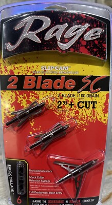 Rage Archery Broadheads 2-Blade 100 Grain 2inch SlipCam  Rear Deploying (3Pack)