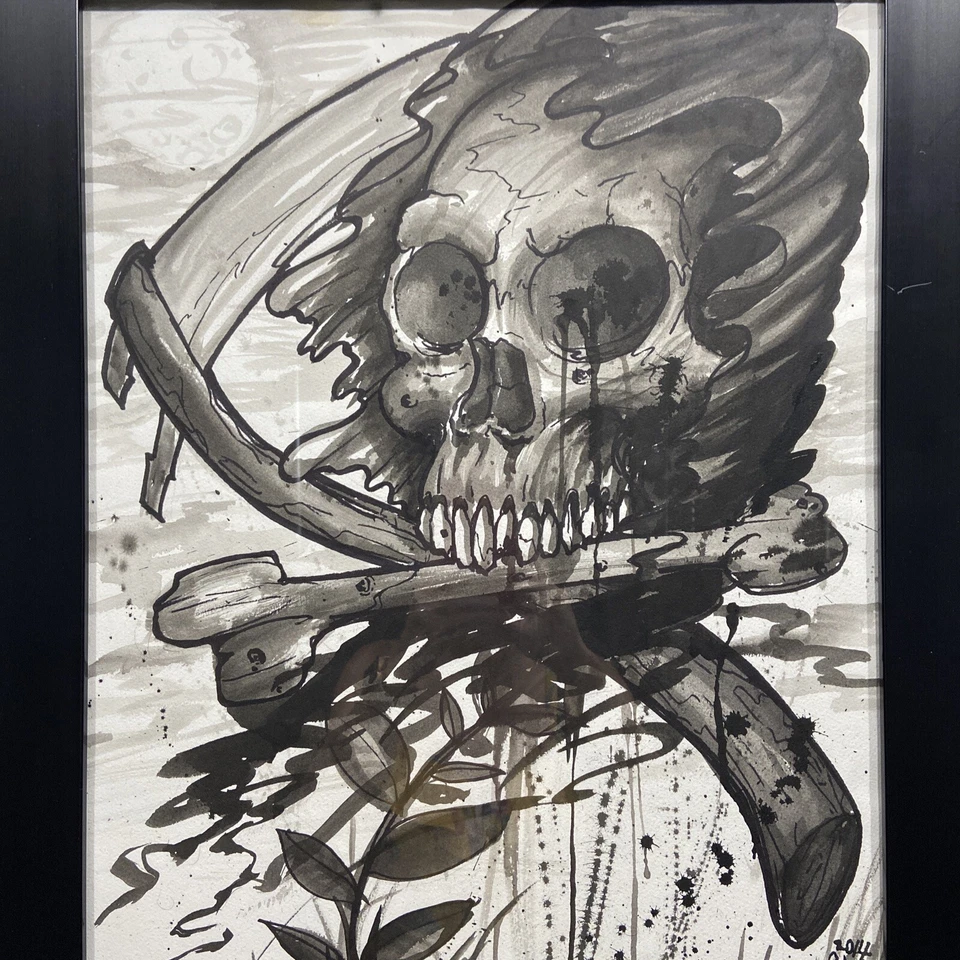 Artista del tatuaje de California JESSE GAZAL original pluma y tinta dibujo calavera huesos cruzados Foto 2 de 4