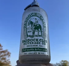 HORSE RACING DERBY GLASS SELTZER BOTTLE SUPER RARE PADDOCK CLUB CHICAGO, IL