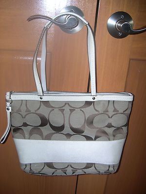 COACH Khaki Off-White Signature Stripe Jacquard & Leather Tote