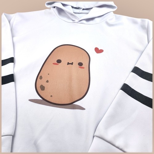 KAWAII POTATO GRAPHIC HOODIE WHITE UNISEX POLYESTER SWEATSHIRT SIZE LARGE - Picture 2 of 7