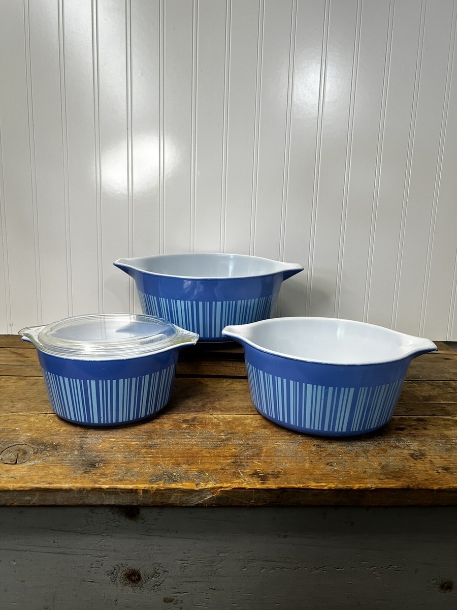 Vintage Pyrex Barcode Blue Stripes MCM 475 474 473 Casserole Dish