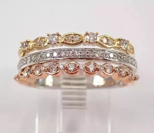 Round 3Ct Lab Created Diamond Wedding Trio Band Ring 14k Gold Tri Color Plated - Picture 3 of 9