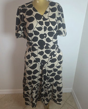 Women's Beige/Black Abstract Button Front Tie Waist Midi Dress Size M