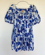 Farm Rio Blue White Floral Puff Sleeve Button Front Mini Dress – Size XS