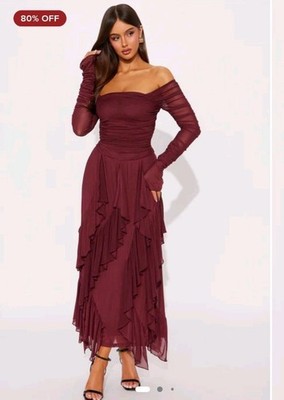 Fashion Nova Burgundy Mesh Off Shoulder Long Sleeve Ruched Ruffle Midi Dress XL