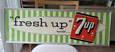 1960 7up Embossed Metal Sign-Stout Sign-Green & White Stripes-Fresh-up with 7up