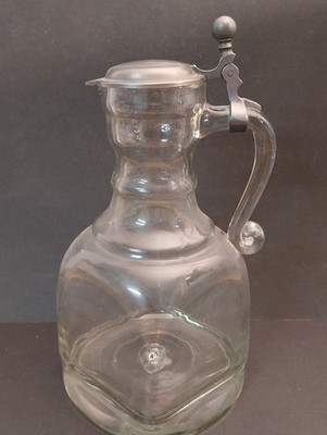 Alte spanische Glas Weinkanne mit Zinndeckel 19. Jahrh. handgefertigt
