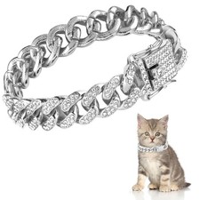 XLIUAX Cat Diamond Chain Collar, Glitter Cuban Collar with Secure Silver