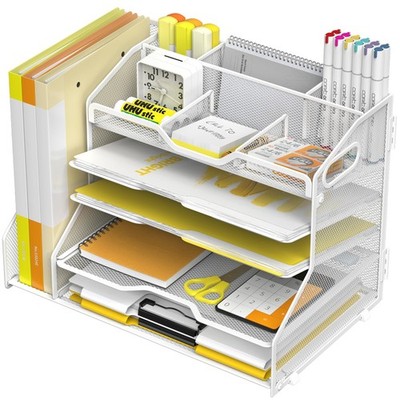 5 Tier Paper Tray Letter Organizer with Top 6 Adjustable Compartments and Fil...