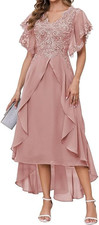 Women's Floral Lace Appliques Ruffle Sleeve Tea Length V Neck Party Dress Sz 14