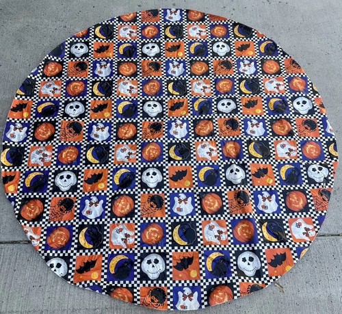 VTG 90s Halloween Vinyl Fabric Round Tablecloth 66.5” Spider Ghost Pumpkin
