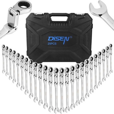 DISEN 25pc Ratcheting Wrench Set Flex Head Metric SAE