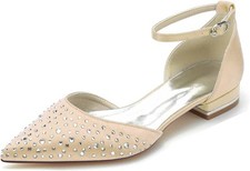 Women's Pointed Toe Bridal Flats Cryatal Pumps Satin Wedding Shoes for...