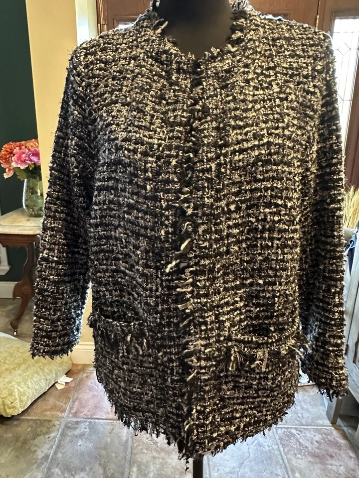 Chaqueta Blazer para Mujer Signature Collection Negra Plateada Tweed Boucle Flecos L Foto 3 de 4