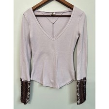 We the Free People Lavender Waffle Knit V Neck Sweater Cuff Shirt Sz S Boho