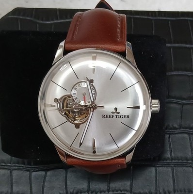 REEF TIGER Men's Skeleton Automatic Watch Brown Leather Japan