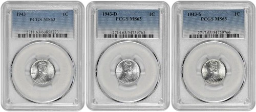 Lincoln Steel Wheat Cent 1943 P + D + S 1C PCGS Graded MS 63 Three Coin Lot