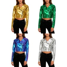 Womens Tops Festival Outfits Holographic Metallic Shiny Steampunk Jackets Rave