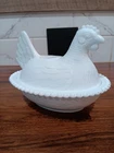 Vintage Indiana White Milk Glass Chicken Hen on Nest Covered Dish w Beaded Top
