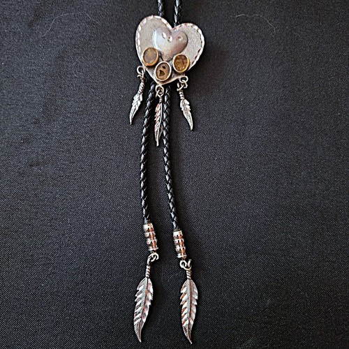Vintage Southwestern Heart Bolo Tie Pewter Feather Tips Leather Cord