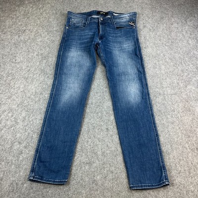 Replay Herren Jeans Slim Tapered 34 32 Mid Wash Blau Schnurrhaare Stretch Anbass