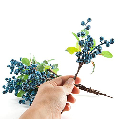 Artificial Blue Berry Stems Pack of 20 Fake Blue Berries with Green Leaves - Picture 6 of 8