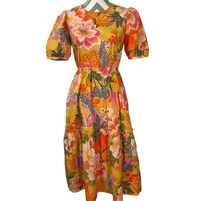 Farm Rio Anthropologie Tropical Leopard Floral Midi Dress XS Extra Small Layers