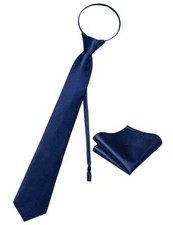 Mens Zipper Ties Satin Solid Pre Tied Navy Blue Necktie and Pocket Square Set...