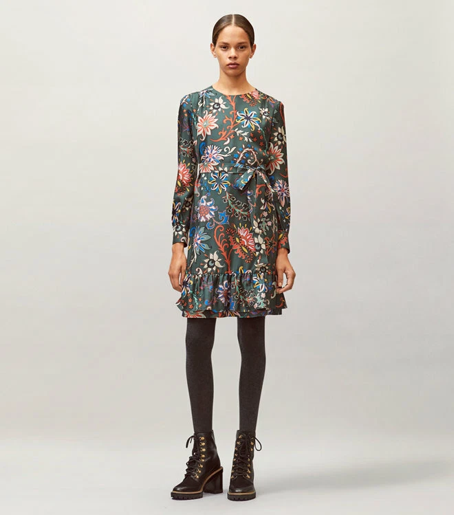 Abito TORY BURCH Stampa floreale verde seta stratificata orlo 8 M (SENZA CINTURA)