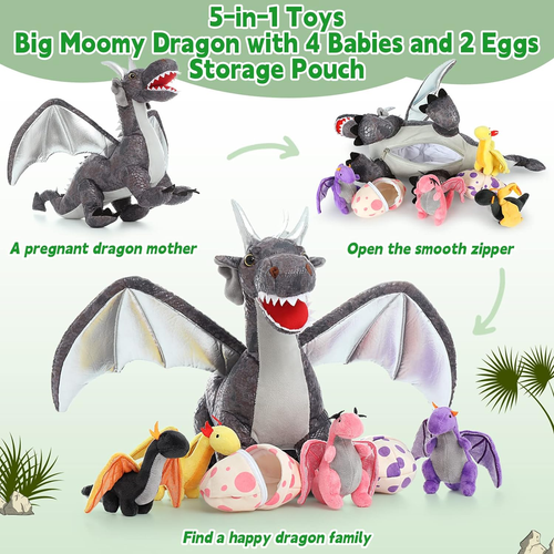 7 Pcs Dragon Plush Stuffed Animal,22 Inches Pink Dragon Plush Toy Set,Large Stuf - Picture 4 of 12