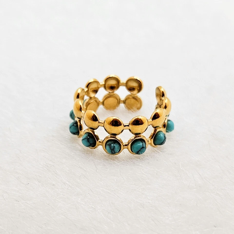 Anillo Ajustable Abierto Turquesa Doble Capa Chapado en Oro 18K, Acero Inoxidable. Foto 3 de 4