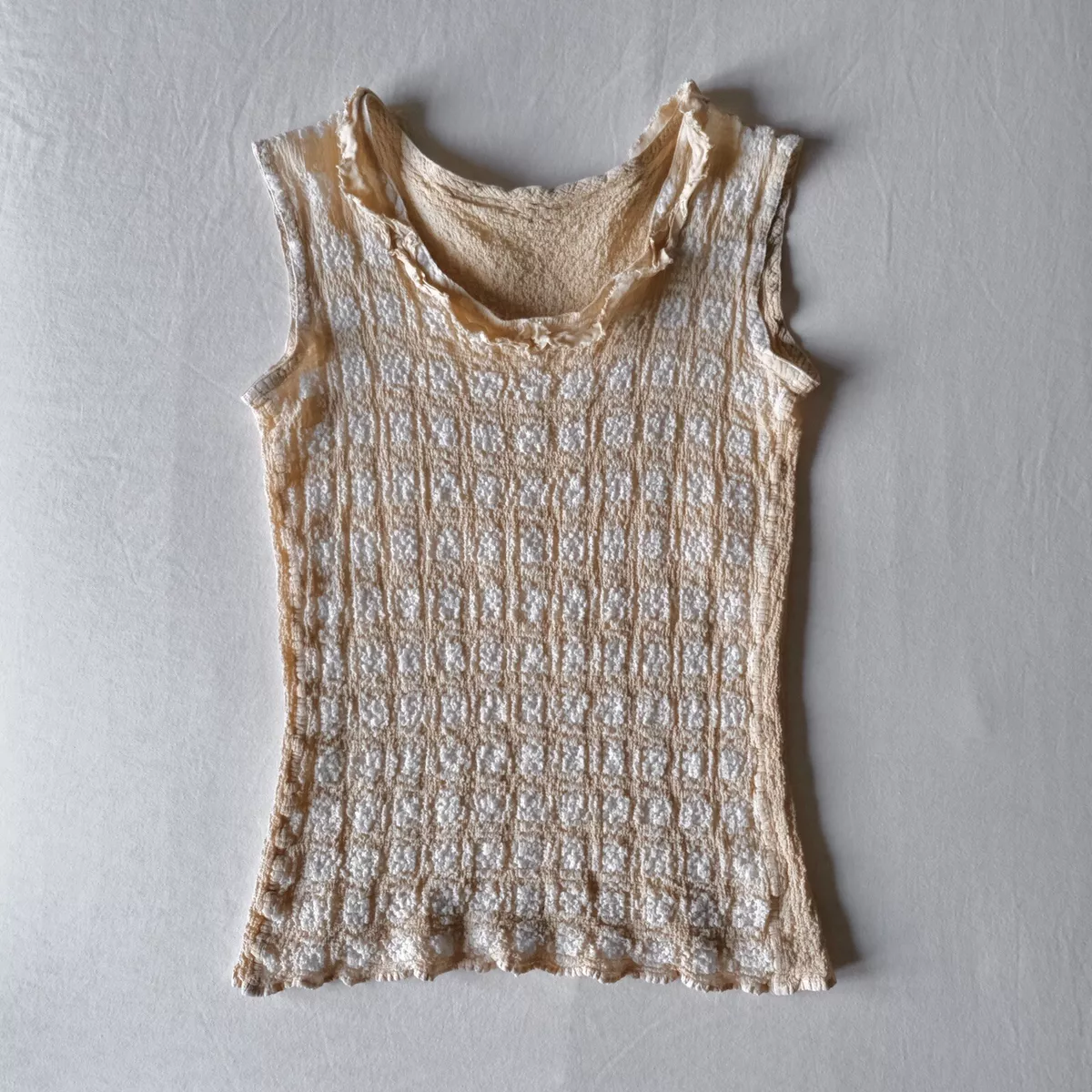 ISSEY MIYAKE me Nude/Cream Check Tank Top w/ Frayed Scalloped Canvas Collar  vtg