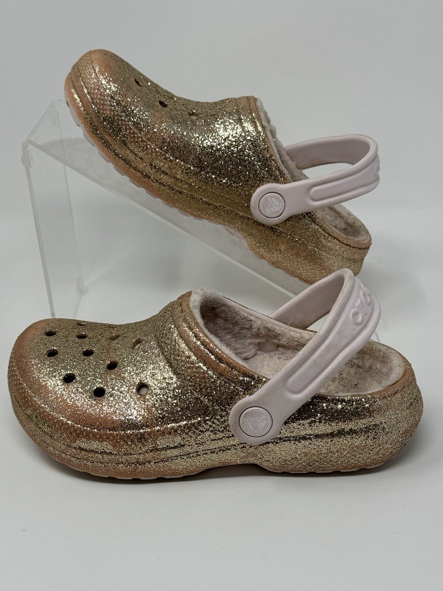 Crocs Classic Faux Fur Lined Clogs Rose Gold Glitter Pink Slip On